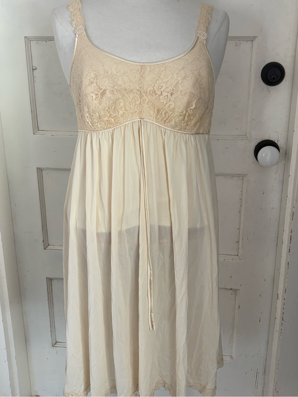Vtg Mid Century Bullet Bra Slip Dress Ivory Lace Conical Cup Chemise Pinup Small
